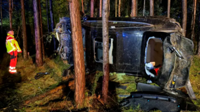 Spektakulärer Unfall auf A19: Mercedes fliegt in den Wald