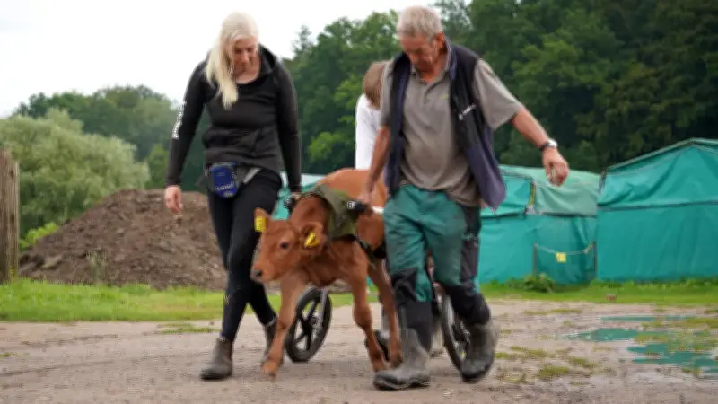 Kälbchen Pau-Pau kämpft im Rollwagen um ein selbstständiges Leben
